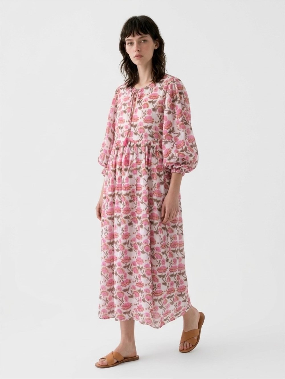 Pink Floral Block Printed Maxi Dress with Puff Sleeves